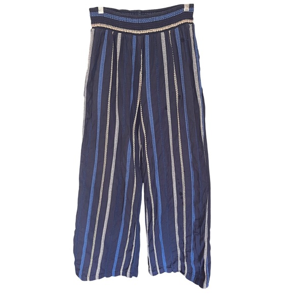 Michael Stars Pants - Michael Stars Womens Navy Blue Embroidered Cotton Wide Leg Smocked Pants S Boho